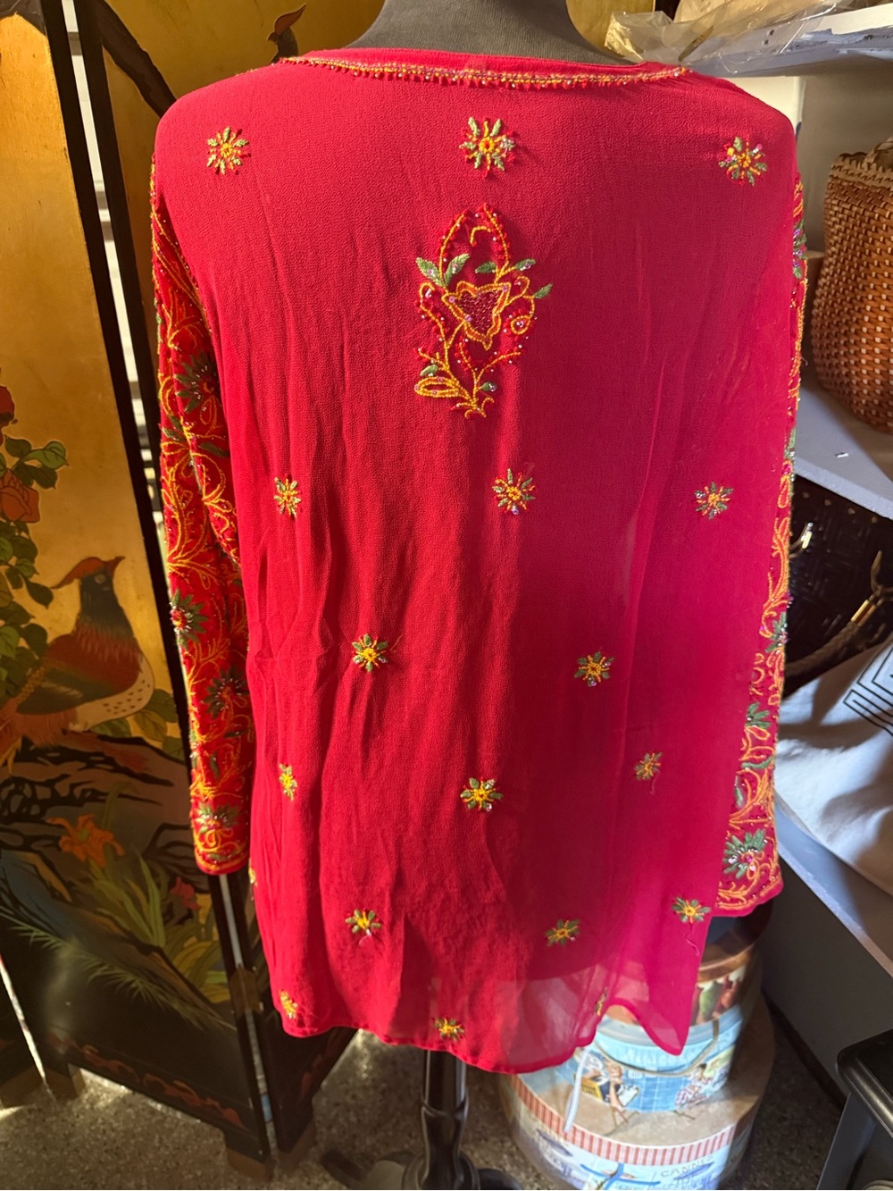 Embroidered Red Women's Tunic with Floral Accents. Ptp 22, 34” length. - Picture 2 of 5